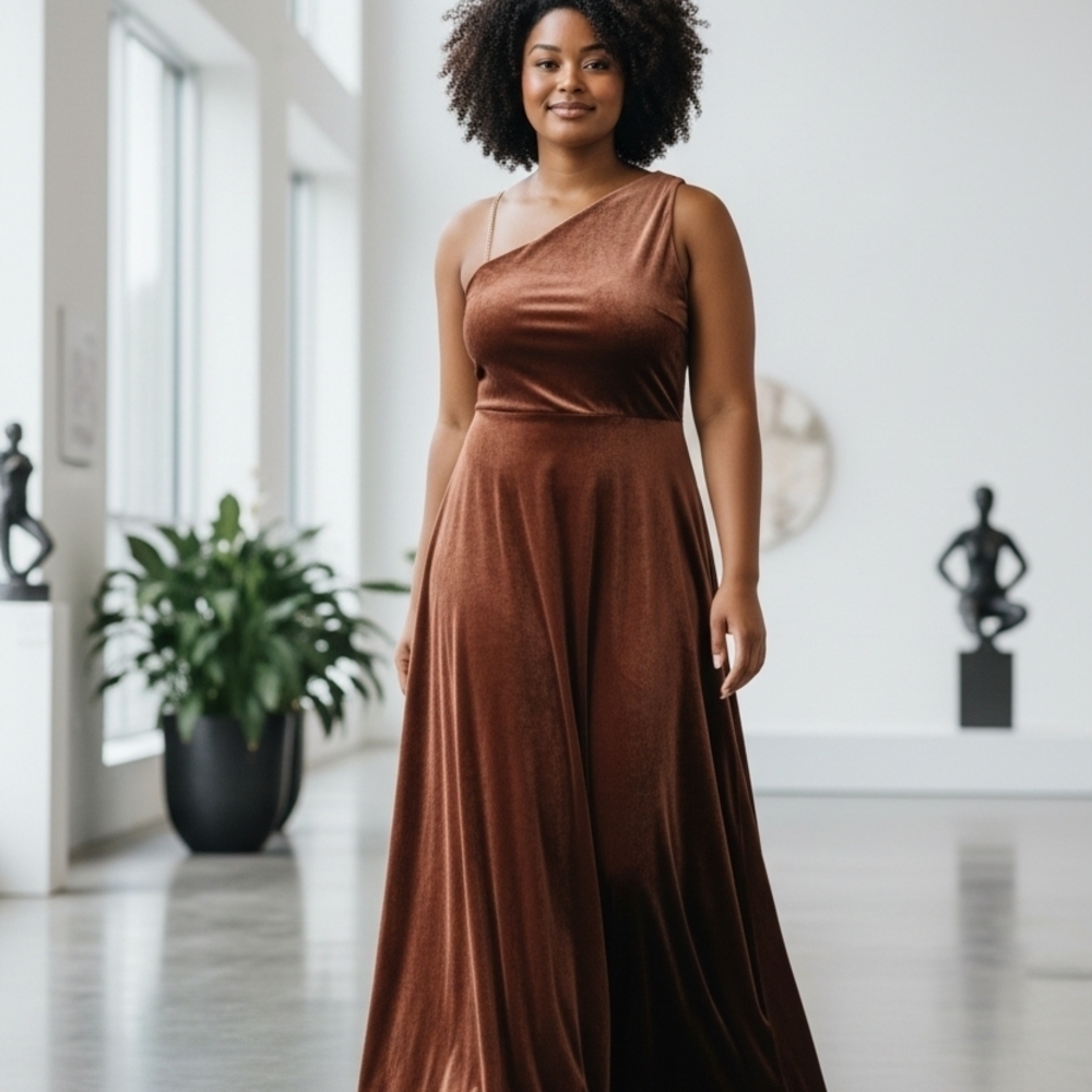 Jenny Yoo Collection One-Shoulder Velvet Gown – Rust / Cinnamon – Size 14